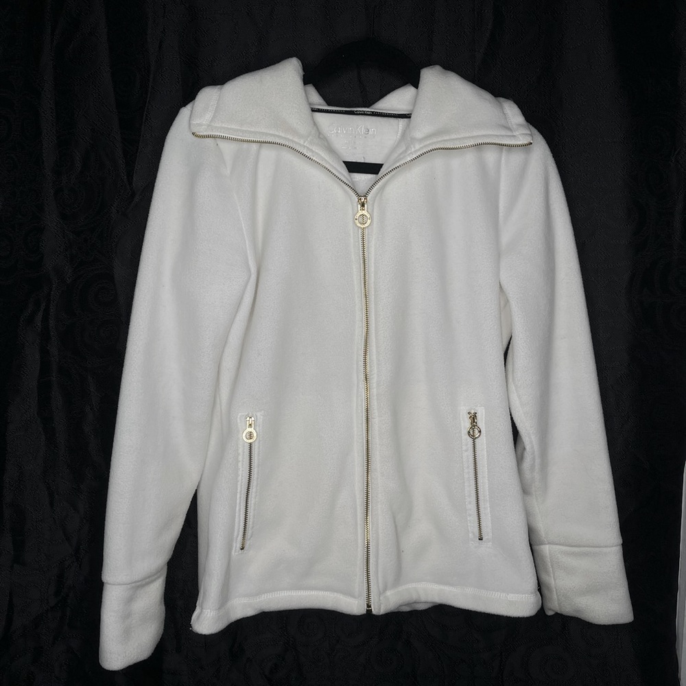 Calvin Klein, off white, performance zip up jacket, with gold zippers.